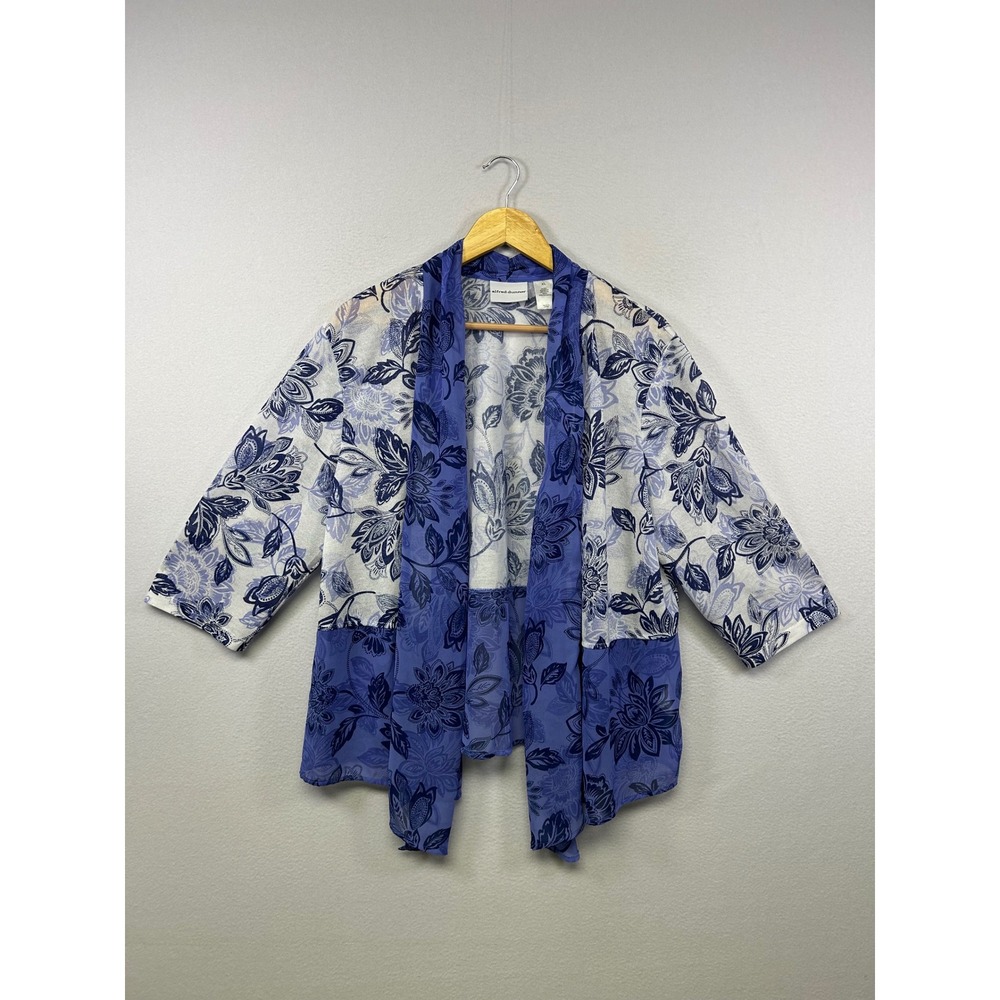 Coastal Grandma Alfred Dunner Womens XL Blue Floral Sheer Trim Open Cardigan